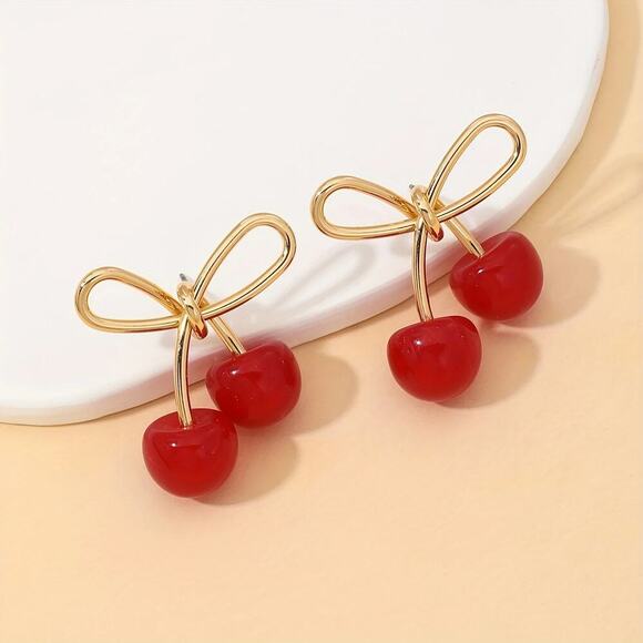 NEW Coquette Gold Bow Stud Earrings with Cherry, y2k jewelry, Cherry jewelry - Picture 3 of 4
